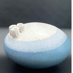 Isabel Parks Warren Hullow Pottery Blue White Triple Spout Weed Pot Vase  1960s